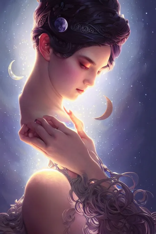 Image similar to the moon goddess closeup filled background around face, fantasy magic, undercut hairstyle, dark light night, intricate, elegant, sharp focus, illustration, highly detailed, digital painting, concept art, matte, art by wlop and artgerm and greg rutkowski and alphonse mucha, masterpiece