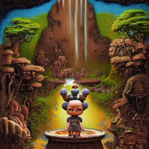 Image similar to wide angle dynamic portrait of a chibbi dogon priest in an african zen garden with a waterfall! and a golden ornate steampunk portal, amigurumi by mark ryden and todd schorr and mark davis and zdislaw beksinski in a surreal lowbrow style, digital paint, matte paint, vivid synthwave colors, breathtaking landscape