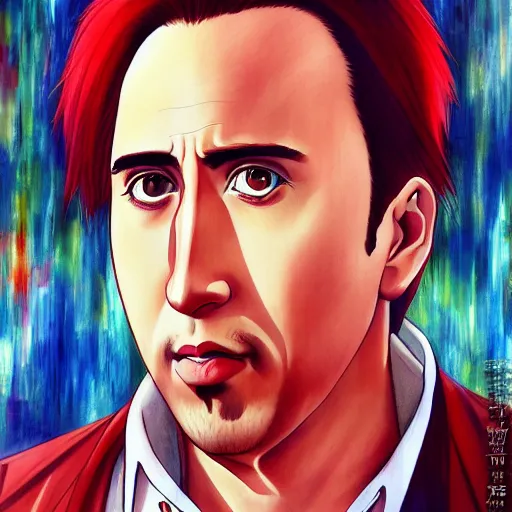 Image similar to beautiful amazing anime portrait painting of nicholas cage in tokyo. by satoshi kon, hayao miyazaki, kuvshinov ilya, lariennechan, aokamei