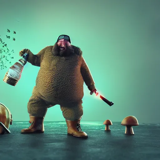 Image similar to highly detailed octane render of a short ugly fat man with a giant beard, holding a grenade launcher and wearing armour, goggles and a safety hat whilst laughing at a green mushroom cloud surrounded by dead insects in a cave