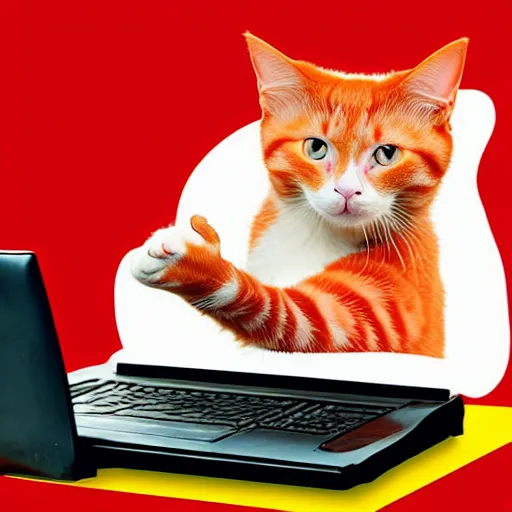 Image similar to happy red - haired cat using a computer, viewed while eating a banana, black background, retro design, high quality detailed image