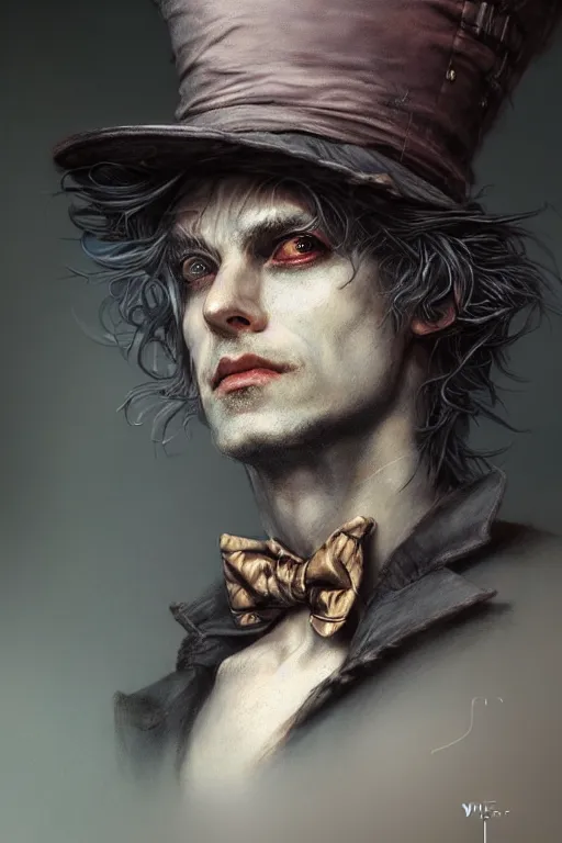 Image similar to mad hatter, portrait of young man, tavern, by wlop, by luis royo, by peter mohrbacher, concept art, digital illustration, intricate, masterpiece, elegant, super detailed, unreal engine rendering, smooth, sharp focus, artstation hq