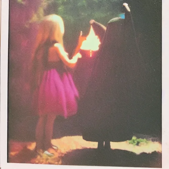 Image similar to a beautiful witch summoning a horrible demon, a polaroid photo taken by lucifer, rich decaying bleeding colors