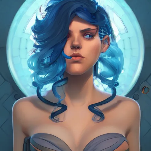 Prompt: beautiful girl portrait with blue hair wearing a bikini, symmetrical face, character concept, character concept art, by Peter Mohrbacher and Alphonse Mucha, overwatch, weapon, detailed, style, 8k, trending on artstation, unreal