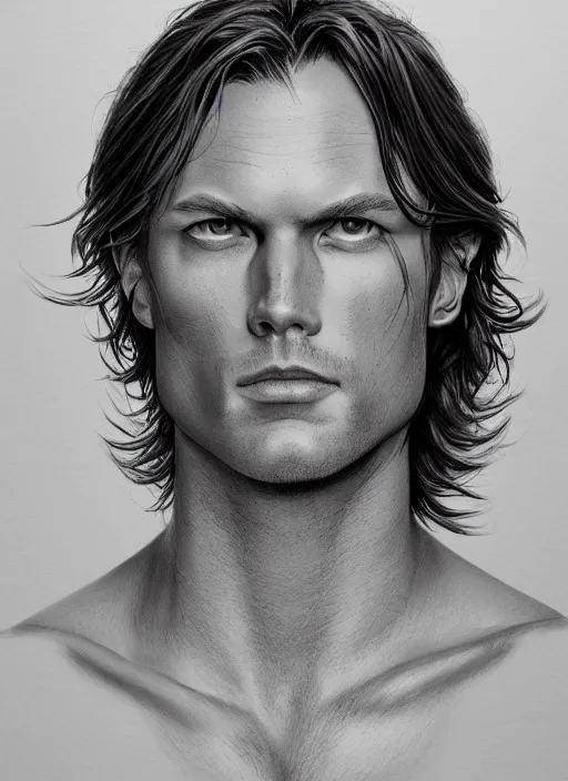 Image similar to Portrait of Sam Winchester, intricate upper body, whole body, highly detailed, digital painting, artstation, concept art, smooth, sharp focus, illustration, art by Hajime Sorayama