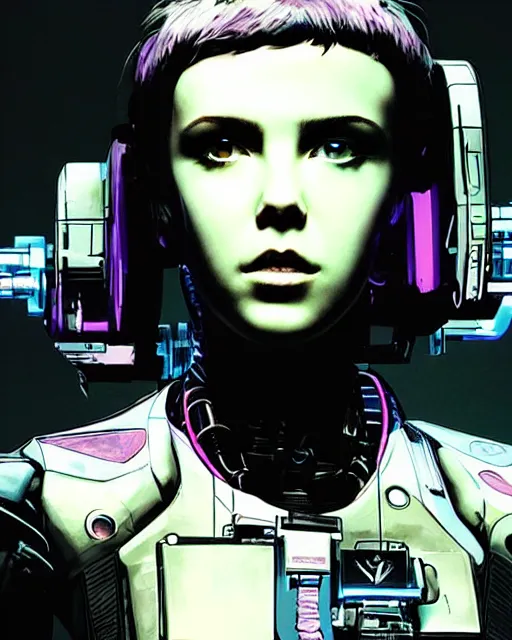 Image similar to cyberpunk millie bobby brown as a robot by yoji shinkawa