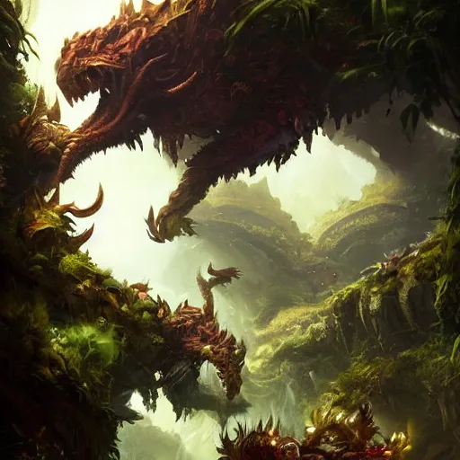 Prompt: Giant Oroboros resting in a cave, natural light, lush plants and flowers, elegant, intricate, fantasy, atmospheric lighting, by Greg rutkowski, league of legends splash art