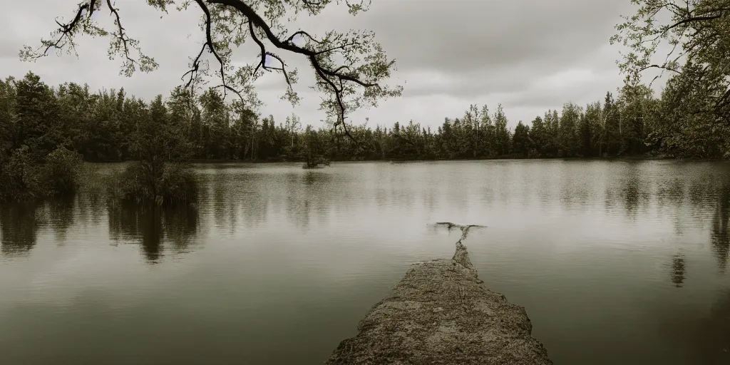 Image similar to centered photograph of a long rope snaking directly on the surface of the water, rope center of the lake, a dark lake on a cloudy day, color film, trees in the background, anamorphic lens