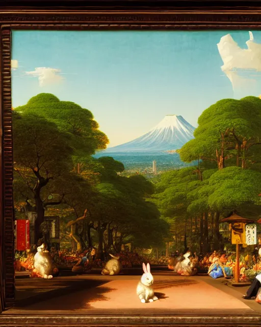 Image similar to a rabbit bear, sitting in tokyo, unique, sunny day, busy street, art by thomas cole