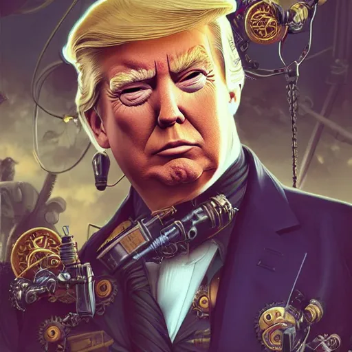 Image similar to donald trump as a steampunk cyborg, portrait, western, steampunk, duster, fantasy, intricate, elegant, highly detailed, digital painting, artstation, concept art, sharp focus, illustration, art by artgerm and greg rutkowski and alphonse mucha