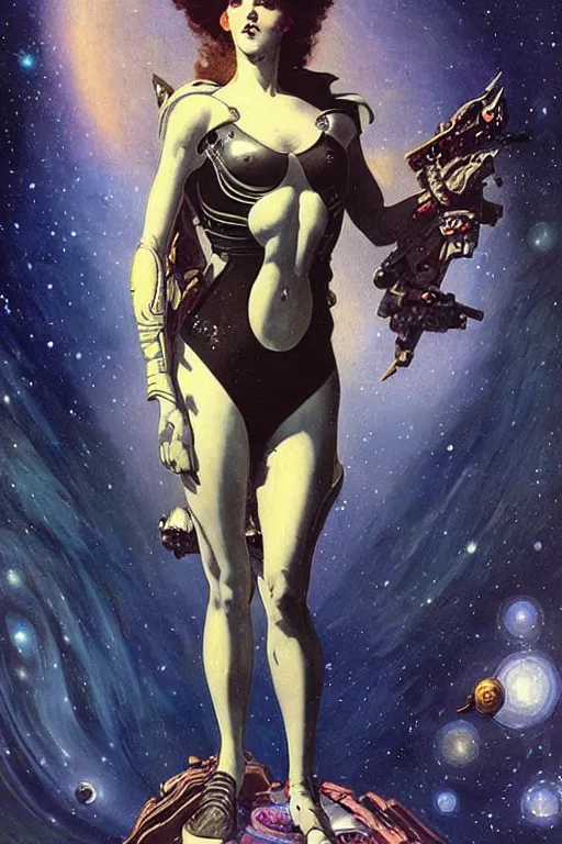 Prompt: “big chaotic beutiful and open space with many stars and space battleship far away in the horizon, woman in futuristic spacesuit that revealing her beautiful fit body, pointing to the space battleship, in the style of Gaston Bussière, art nouveau”