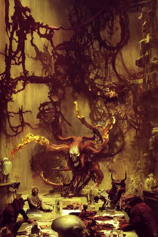 Image similar to scientists in a laboratory observe a demon from hell, painted by ruan jia, raymond swanland, lawrence alma tadema, zdzislaw beksinski, norman rockwell, jack kirby, tom lovell, alex malveda, greg staples