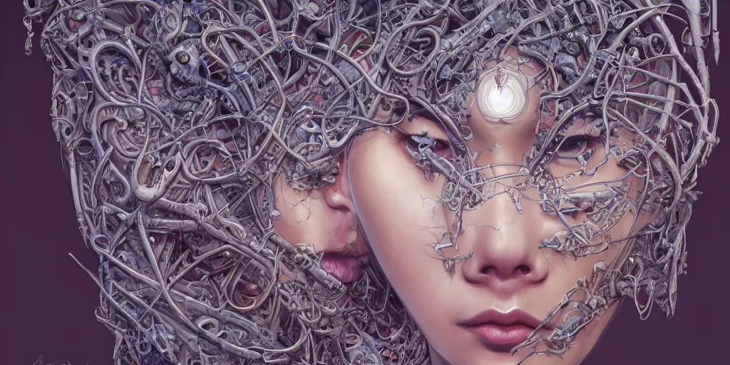 Prompt: hyperrealistic photography of a highly detailed and symmetrical gorgeous female demigorgon deconstructing an ark machine in the style of Jin Kagetsu, James Jean and wlop, highly detailed, face symmetry, masterpiece, award-winning, sharp focus, intricate concept art, ambient lighting, 8k, artstation