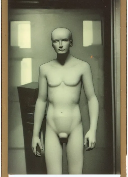 Image similar to an an android with an adult male human looking face is the thinker by auguste rodin, polaroid fashion photography, flash photography, photo taken in a back storage room where you can see empty shelves in the background, 3 / 4 view portrait head chest and arms portrait of