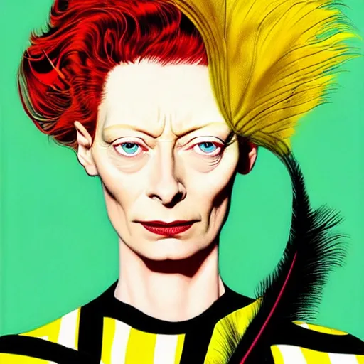 Prompt: art by joshua middleton, the actress tilda swinton, a medium shot portrait of the golden creeper, a tall manically smiling yellow - skinned woman with green and black striped cycling shorts and wearing a long red and black striped ostrich feather boa, yellow makeup, mucha, kandinsky, poster, art deco motifs, comic art, stylised design, scarlet feather boa