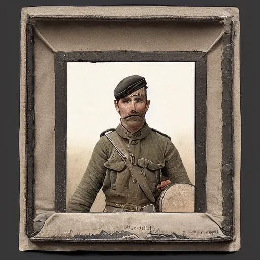 Image similar to a detailed photorealistic sepia - toned color portrait painting of a 1 9 1 7 worried clean - shaven british lieutenant in field gear in north arabia examining an ancient cylindrical clay jar, ultra realistic, intricate details, atmospheric, dark, horror, brooding, highly detailed, by clyde caldwell