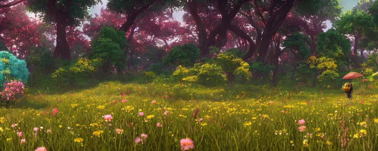 Prompt: a beautiful forest meadow landscape with large bee between flowers, crimson - black beehive, happy trees, photorealistic, octane render, rtx, hdr, unreal engine, digital art widescreen 8 k in the style of studio ghibli and bob ross and pixar and bee movie