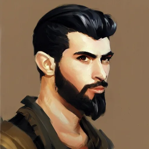 Image similar to greg manchess portrait painting of a young ducktail bearded middle eastern american male as overwatch character, medium shot, asymmetrical, profile picture, organic painting, sunny day, matte painting, bold shapes, hard edges, street art, trending on artstation, by huang guangjian and gil elvgren and sachin teng