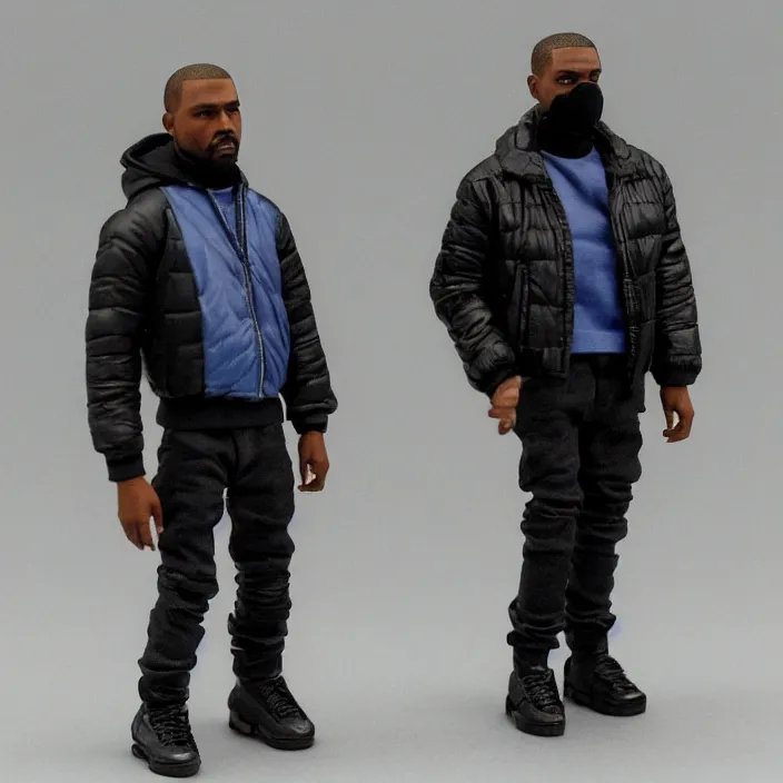 Prompt: a action figure of kanye west using full face - covering mask with small holes. a small, tight, undersized reflective bright blue round puffer jacket made of nylon. a black shirt underneath. dark jeans pants. a pair of big black rubber boots, figurine, detailed product photo
