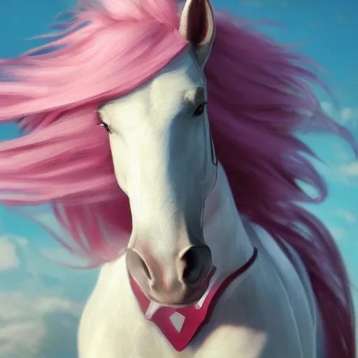 Image similar to a white horse as the pink power ranger in the style of makoto shinkai zhaoming wu, john collier, albert aublet, cedric peyravernay. sharp focus, semi - realism, intricate detail. unreal engine, octane rendering