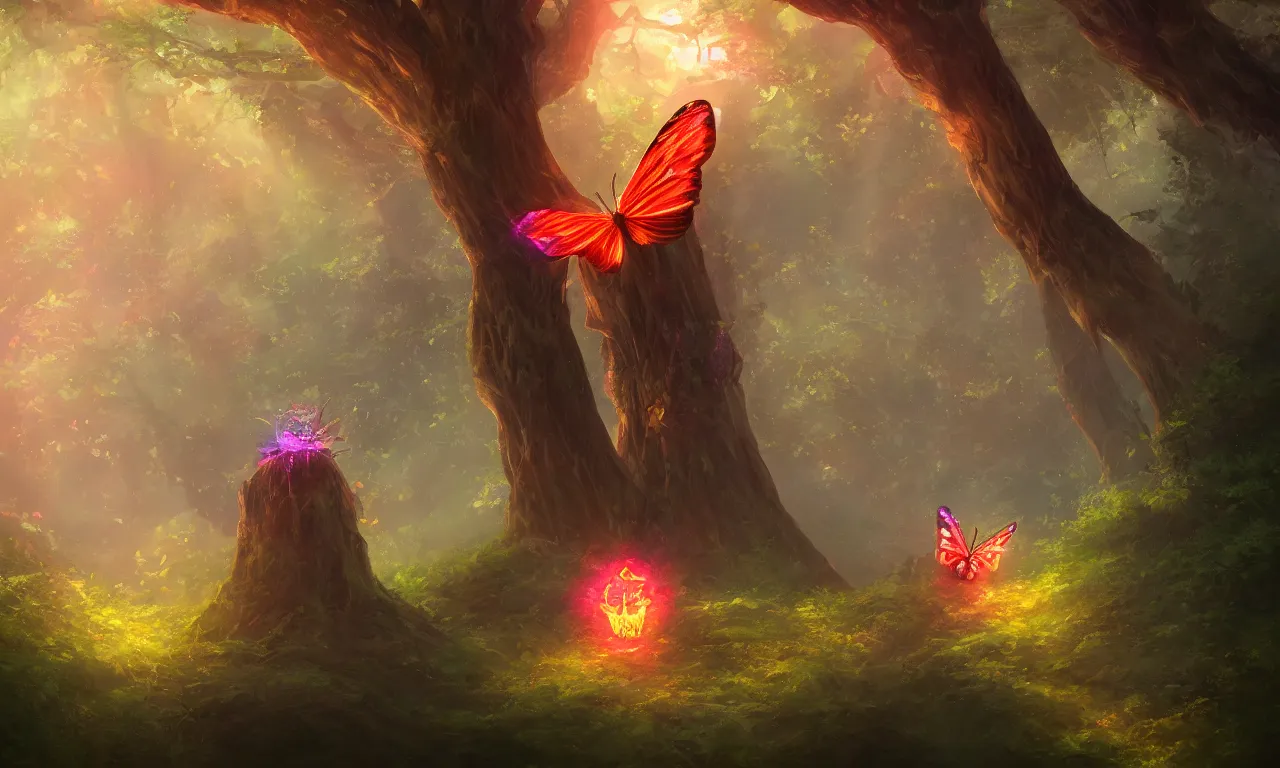 Prompt: Glowing Butterfly sitting on a tree in the forest, trending on artstation, 30mm, by Noah Bradley