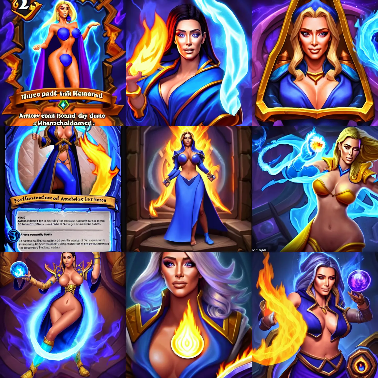Prompt: Who : a mage with a blue robe casting a fire ball ; Head : Amber Heard ; Body type : Kim Kardashian ; IMPORTANT : Hearthstone official splash art, award winning, trending in category \'hyperdetailed\'