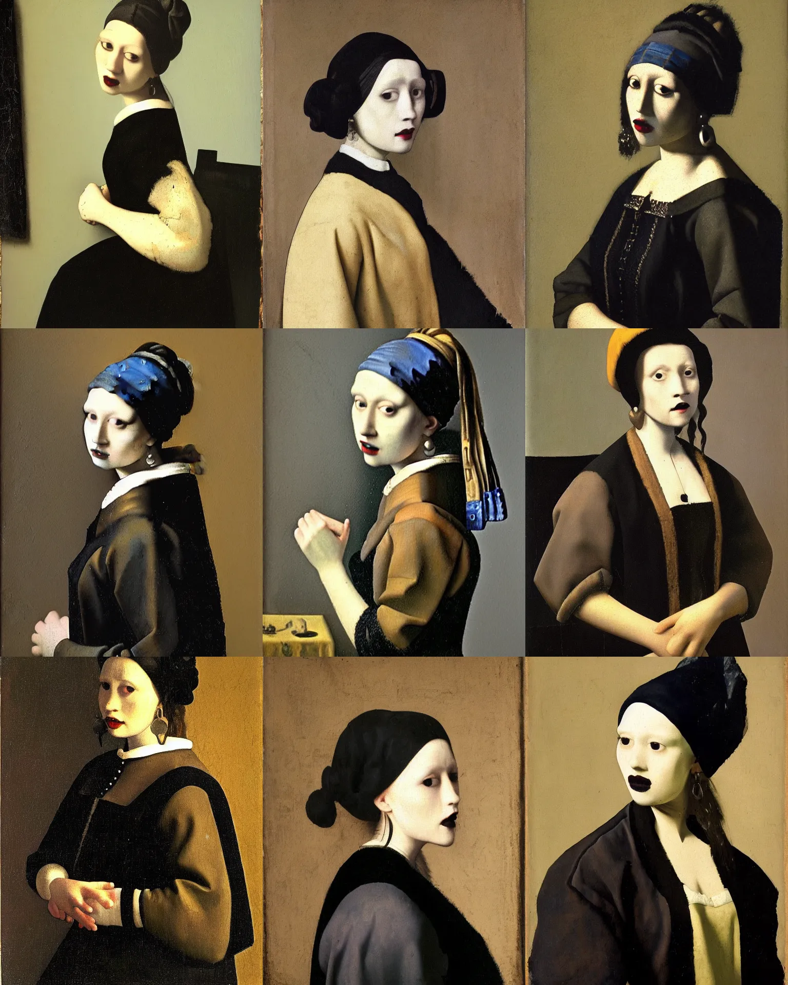 Prompt: A goth portrait painted by Johannes Vermeer. Her hair is dark brown and cut into a short, messy pixie cut. She has a slightly rounded face, with a pointed chin, large entirely-black eyes, and a small nose. She is wearing a black tank top, a black leather jacket, a black knee-length skirt, a black choker, and black leather boots.