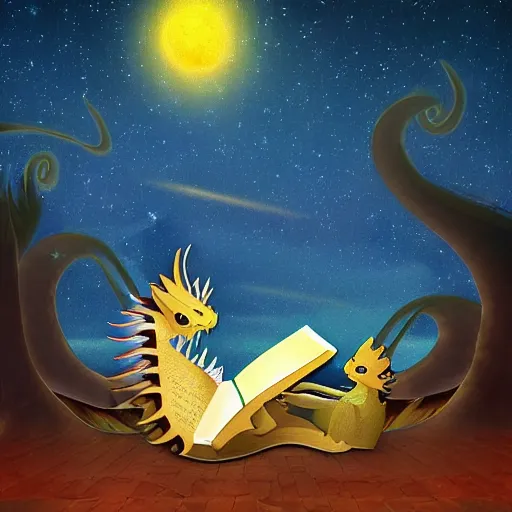 Image similar to dragon reading book under the stars, digital art