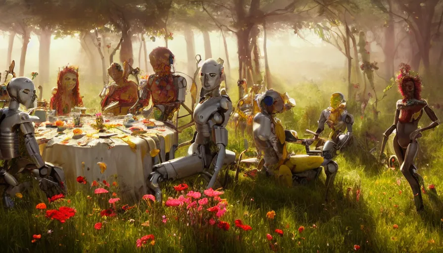 Image similar to a table dinner of humanoid robots where robots are dressed like the characters from the midsommar movie wearing flowers, realistic detailed digital art by maxwell boas jessica rossier christian dimitrov anton fadeev trending on artstation cgsociety rendered in unreal engine 4 k hq