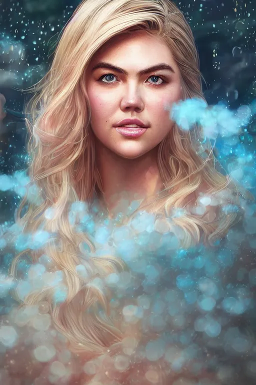 Image similar to an insanely detailed close up portrait of a beautiful blonde haired woman who looks like kate upton, blue dress, holding nikon camera, large fountain in background bokeh, in the style of peter mohrbacher, artgerm, dramatic lighting and composition, pink fog background, octane render, trending on artstation, concept art 8 k