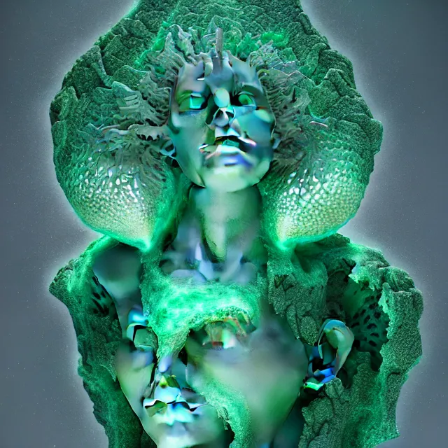 Prompt: a striking! render of ethereal beings!!! made of gauze, emerald, and smoky gray quartz, new age artwork, octane, houdini, 8 k, cgsociety, intricately detailed, wyrd, eerie, liminal, romanesque broccoli