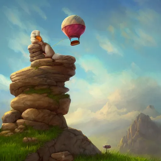 Image similar to a ferret standing on top of a rock in front of a hot air balloon, a digital painting by andrei kolkoutine, deviantart contest winner, fantasy art, storybook illustration, 2 d game art, digital illustration