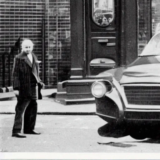 Prompt: time traveller arrives with his time machine, vintage associated press photo, new york