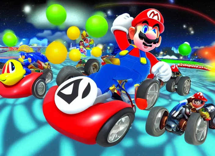 Image similar to portrait of mario kart blue shell flying through the air followed by other mario kart turtle shells