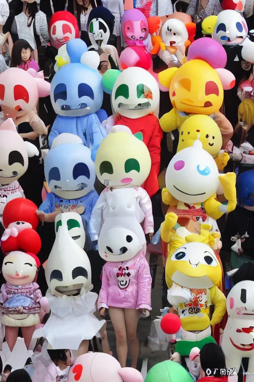 Image similar to 35mm of a very cute, minimal, adorable and creative Japanese mascot character costume, full body and head view, very magical and dreamy, designed by Gucci,kawaii, magical details