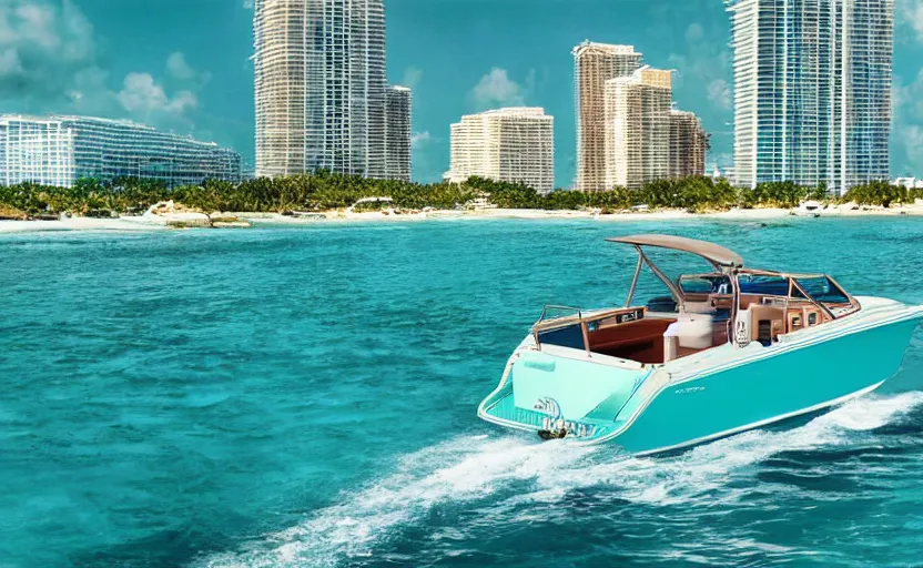 Prompt: photorealistic picture of a scarab 3 8 kv boat driving in turquoise water. miami. 8 0's style