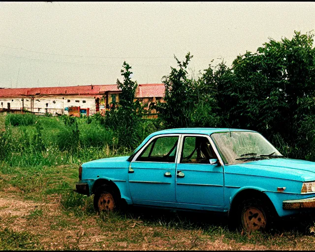 Image similar to a lomographic photo of old lada 2 1 0 7 standing in typical soviet yard in small town, hrushevka on background, cinestill, bokeh