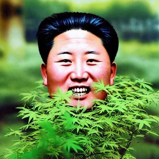 Prompt: colour araki nobuyoshi style close - up photography of detailed north korean kim chen with detailed smiling face, smelling detailed weed bush