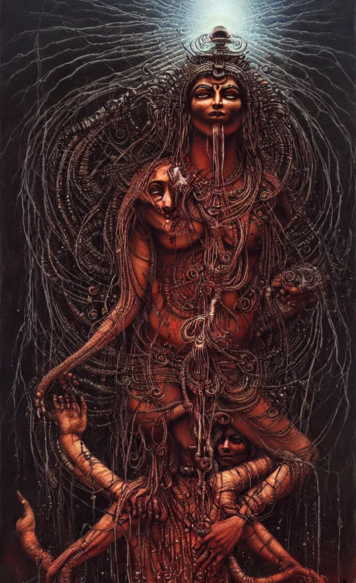 Prompt: Shiva is dancing. Drops of blood. Dark colors, high detail, hyperrealism, intricate details, masterpiece, art by Greg Broadmore, Esao Andrews, Beksinski, Giger