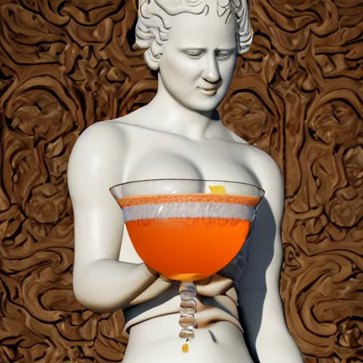 Prompt: close - up of white reneissance statue holding a coctail, colorful coctail, digital painting, 3 d render