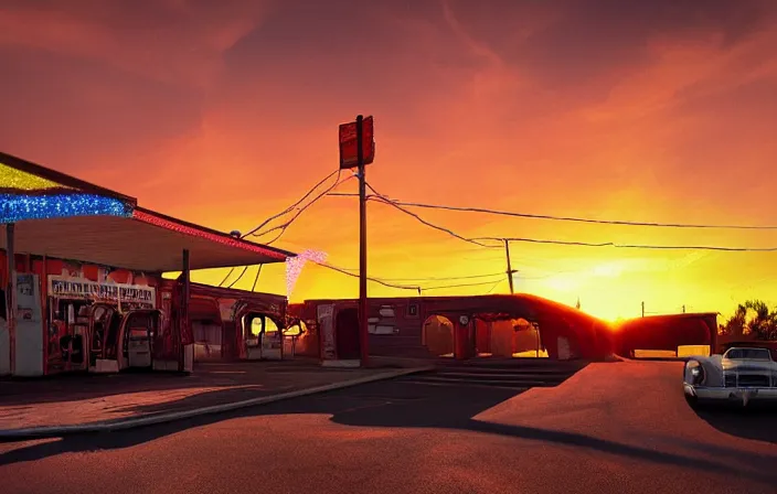 Image similar to a sunset light landscape with historical route 6 6, lots of sparkling details and sun ray ’ s, blinding backlight, smoke, volumetric lighting, colorful, octane, 3 5 mm, abandoned gas station, old rusty pickup - truck, beautiful epic colored reflections, very colorful heavenly, softlight