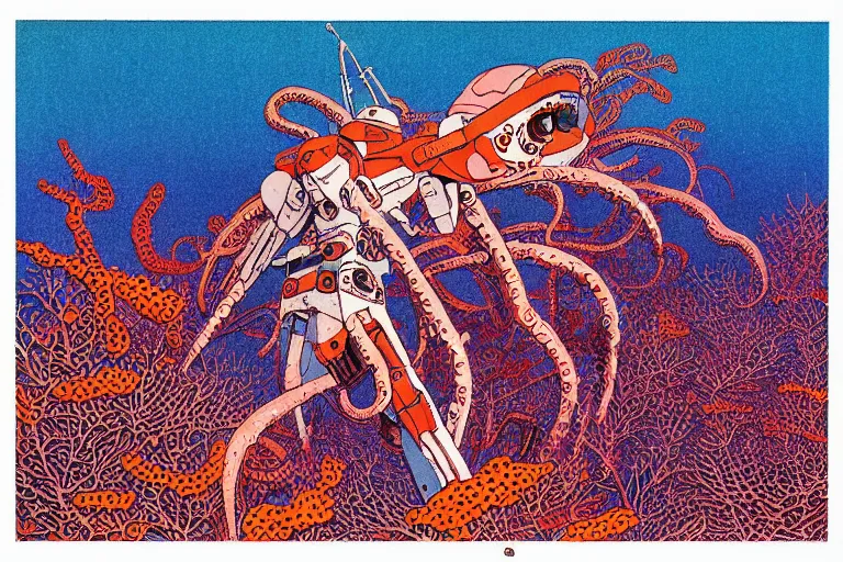 Image similar to risograph grainy drawing vintage sci - fi, satoshi kon color palette, gigantic gundam full - body covered in iridescent dead coral reef 1 9 6 0, kodak, with lot tentacles, natural colors, codex seraphinianus painting by moebius and satoshi kon and dirk dzimirsky close - up portrait