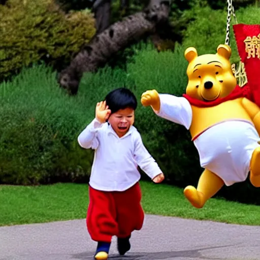 Image similar to winnie the pooh pushing xi jinping on a swing