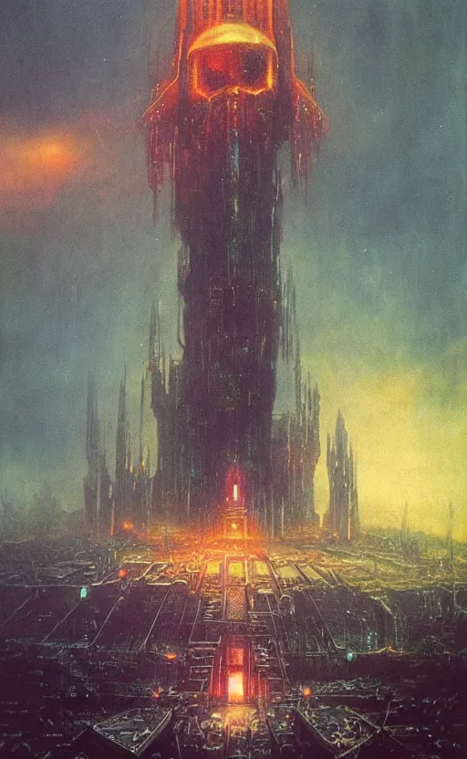 Image similar to warhammer 4 0 k rainbow golden dark eldritch monument with strange cyberpunk glowing symbol rising from a futuristic city into the sky by beksinski, high detail hyperrealistic