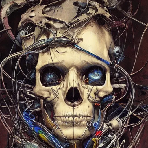 Image similar to skulls cyberpunk skulls wires cybernetic implants, in the style of adrian ghenie, esao andrews, jenny saville,, surrealism, dark art by james jean, takato yamamoto