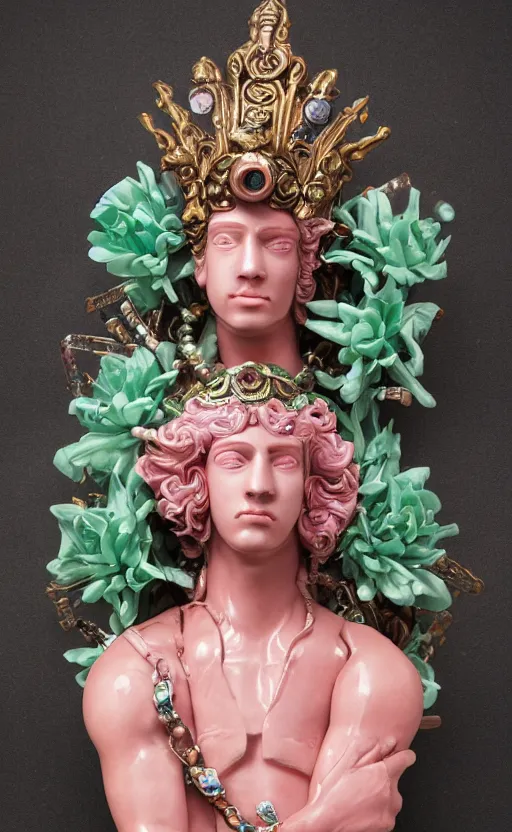 Image similar to a young handsome latino ceramic and pink iron-plated android prince with a large glowing mint crystal in the center of his chest, full-body bronze cyberpunk style statue of Andromeda with glowing green laser eyes, crown of mechanical chrysanthemums, flowing aqua silk, fabric, steampunk flowers. baroque elements, human hands. full-length view. baroque element. intricate artwork by caravaggio. many flying horses on background. Trending on artstation, octane render, cinematic lighting from the right, hyper realism, octane render, 8k, depth of field, 3D