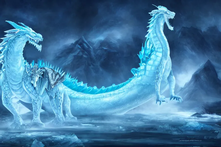 Image similar to frozen dragon in a giant throne of ice, mystical, digital painting, mixed media, trending on artstation and deviantart, epic composition, highly detailed, 8 k