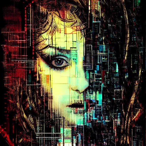 Image similar to portrait of a hooded beautiful women, mysterious, glitch effects over the eyes, shadows, by Guy Denning, by Johannes Itten, by Russ Mills, centered, glitch art, innocent, hacking effects, chromatic, cyberpunk, color blocking, digital art, concept art, abstract