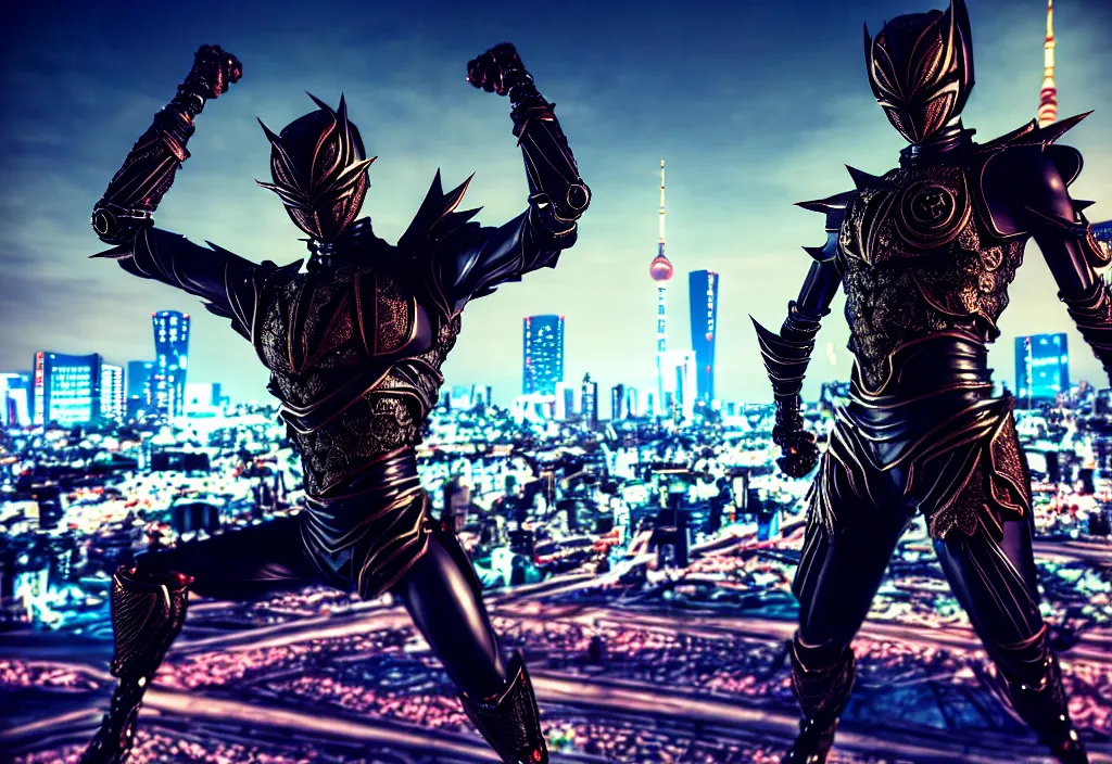 Prompt: huge belt, muscled kamen rider hero action pose, human structure, human anatomy, full body hero, intricate detail, hyperrealistic art and illustration by a. k. a limha lekan a. k. a maxx soul and alexandre ferra, global illumination, blurry and sharp focus, on future tokyo night rooftop, frostbite engine