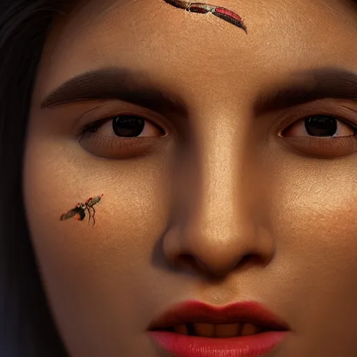 Image similar to a close-up on the beautiful face of an Indian woman in her 20s with a beetle crawling on her chin, trending on artstation, micro-details, 8k.